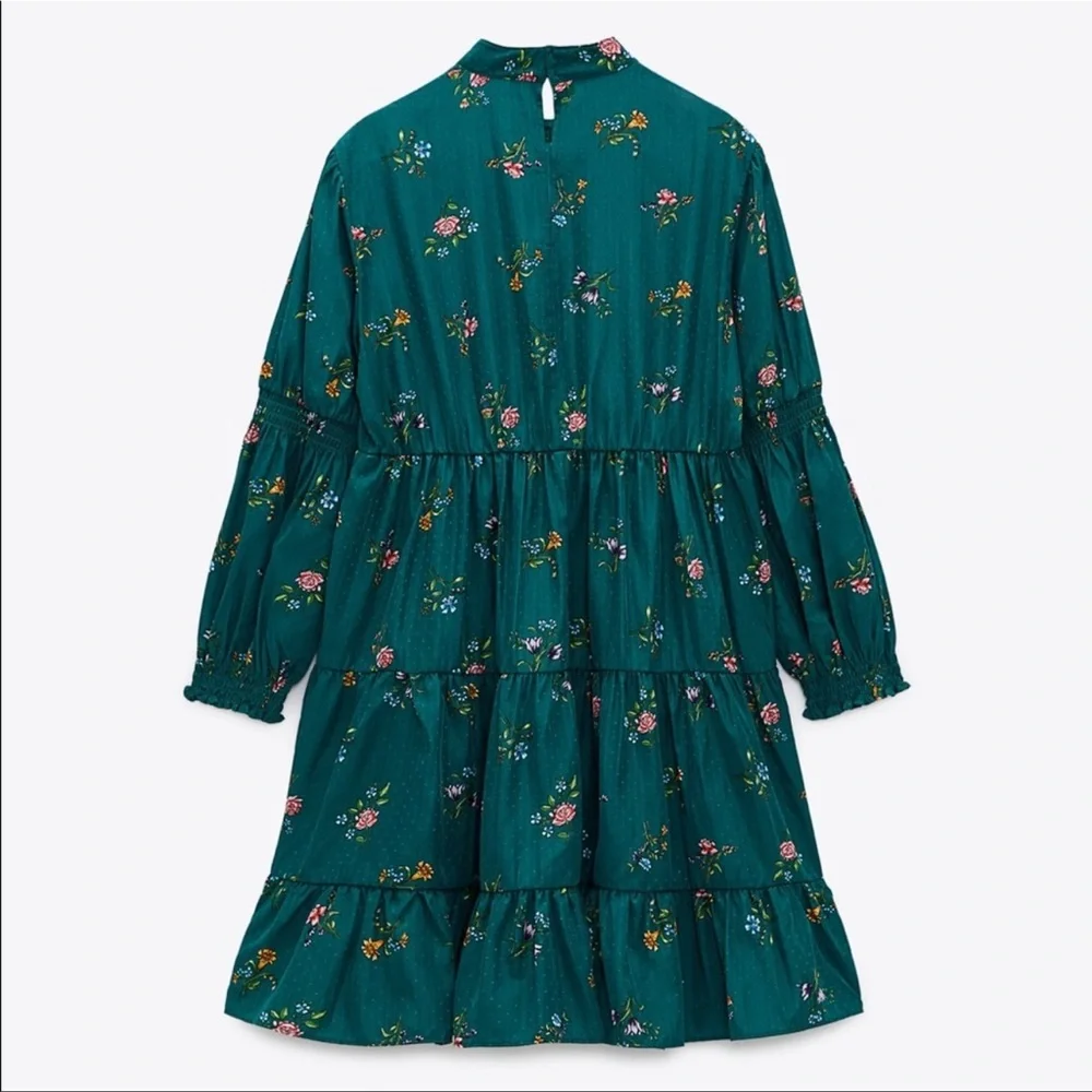 ZARA GreenPrint Mini Floral Dress Size S High Neck NWT. - Picture 3 of 10